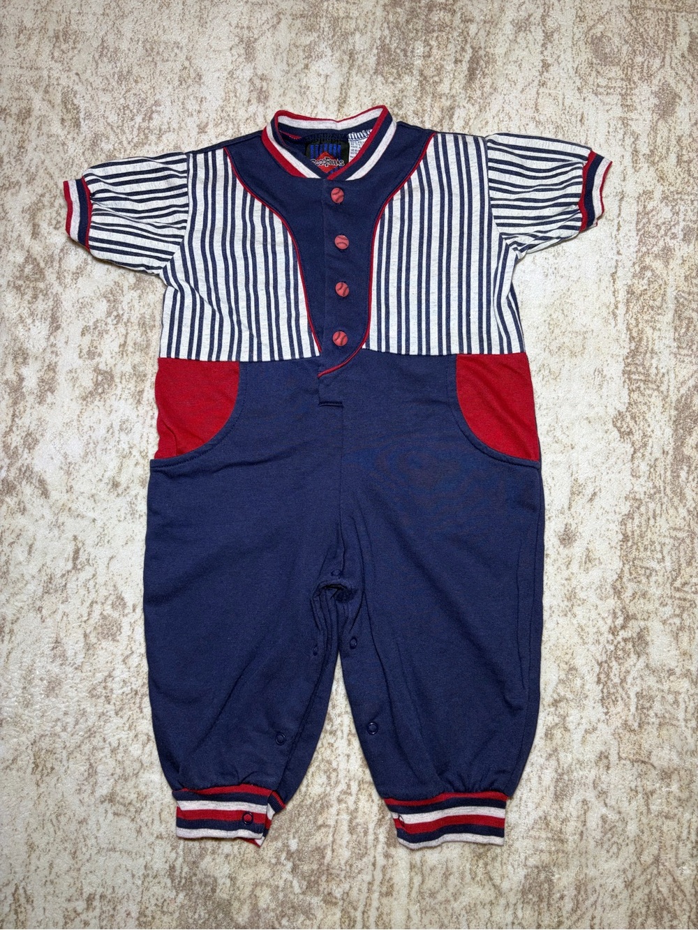 Vintage 90s GoodFellas Baby Baseball Romper 18M Striped Red Blue